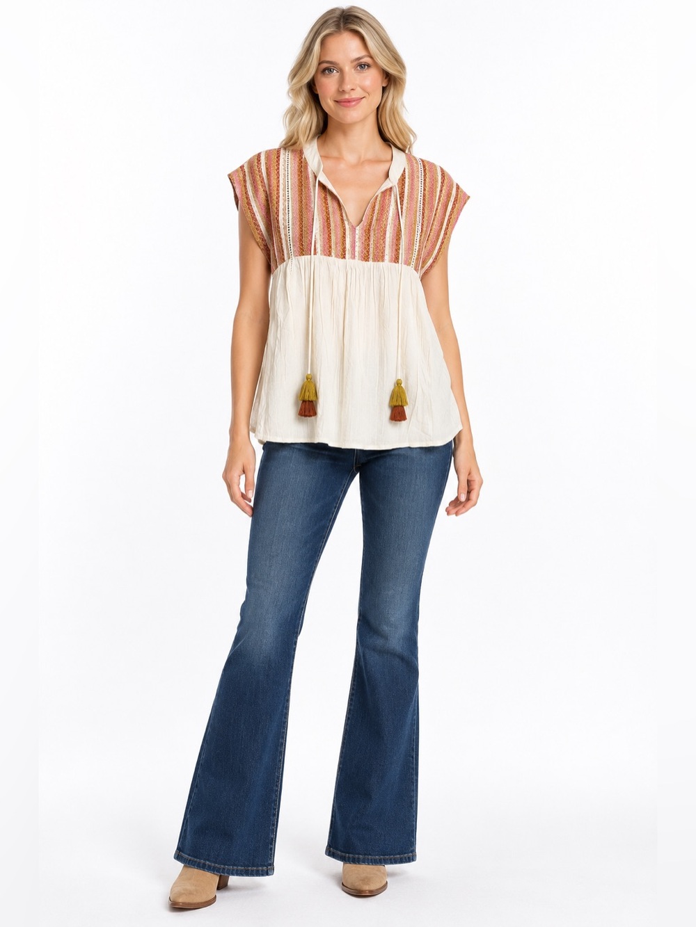 THML Size Medium Women's Cream Embroidered Boho Babydoll Top